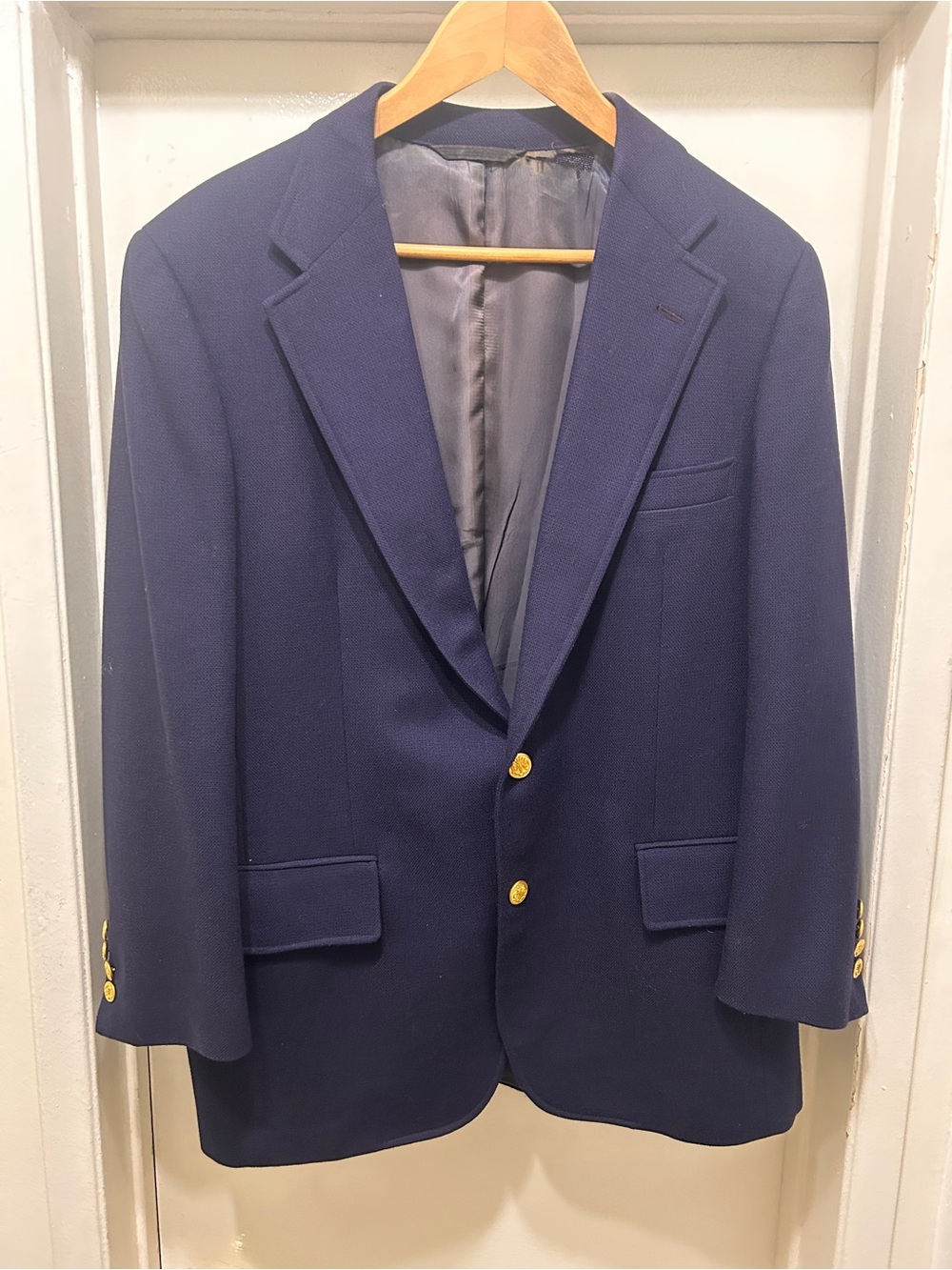 VTG Southwick Blazer Sport Coat Hopsack Knit Wool Navy Gold Button Made In USA